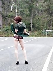 Crossdress Roadtrip Green Dress hot crossdresser action on the road